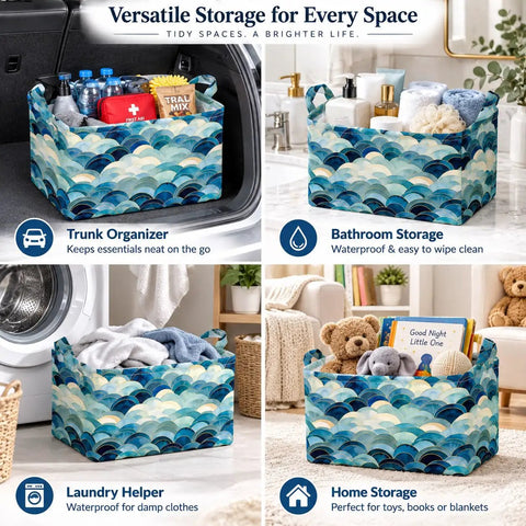 Heavy Duty Collapsible Polyester Storage Basket And Foldable Home Organization Bin For Living Room Bedroom Closets Nifty Space Saving Tote for trunk, laundry, bathroom, and home.