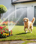 Golden retriever playing near Heavy Duty 4 Inch Pop Up Sprinkler Heads 8 Pack for Lawn Irrigation Upgrade with flowers.