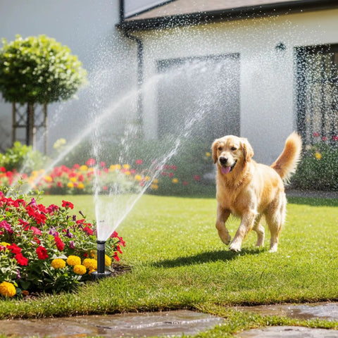 Golden retriever playing near Heavy Duty 4 Inch Pop Up Sprinkler Heads 8 Pack for Lawn Irrigation Upgrade with flowers.