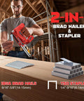 Badass Cordless Brad Nailer and T-50 Staple Gun 2-In-1 Powerhouse Featherlight 3Lb Tool on wood with nails and staples.