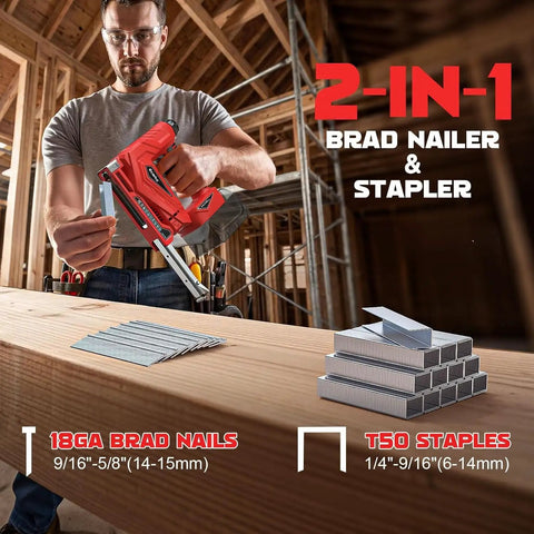 Badass Cordless Brad Nailer and T-50 Staple Gun 2-In-1 Powerhouse Featherlight 3Lb Tool on wood with nails and staples.