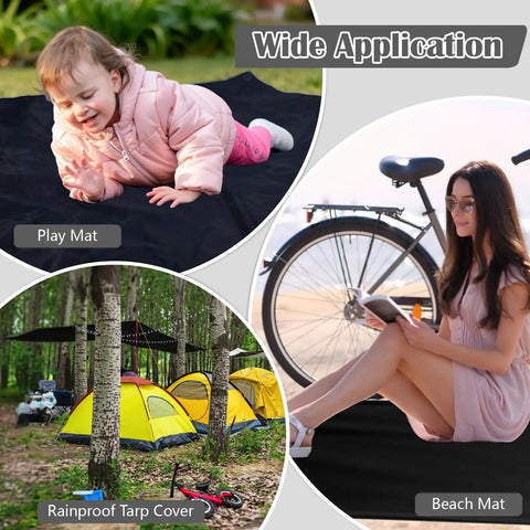 Waterproof Tent Footprint Ground Cloth Tarp 87 By 59 Inches Ultralight Floor Mat showing use as play, rainproof cover, beach mat
