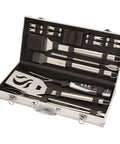 Cuisinart 20-piece stainless steel grill tool set in an open aluminum case, includes spatula, tongs, brushes, skewers