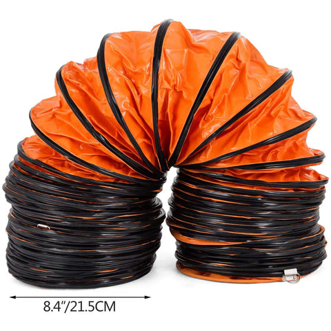 25 Ft PVC Flexible Ducting Hose with S Hooks and Steel Support for 8 Inch Utility Blower, coiled, orange exterior