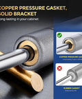Close-up of 10 Inch Gas Struts For Cabinets with copper pressure gasket and solid silver bracket.