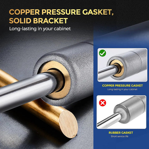 Close-up of 10 Inch Gas Struts For Cabinets with copper pressure gasket and solid silver bracket.