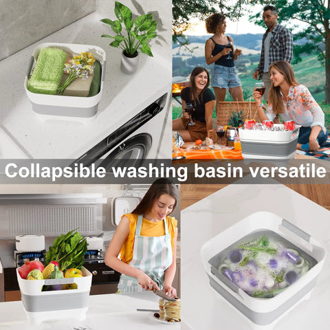 Collapsible Wash Basin With Drain Plug 2.4 Gallons for kitchen and camping shown in use, expanding to full size for versatility.
