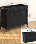 No Fuss Roll Around Trash Cart, 51.5 Gallon Commercial Waste Bin With Twin Lockable Wheels on wooden floor with dimensions shown.