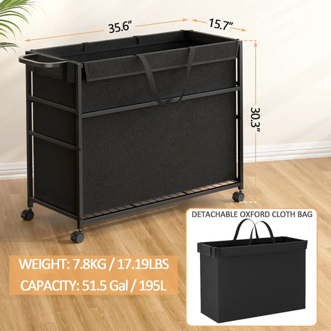 No Fuss Roll Around Trash Cart, 51.5 Gallon Commercial Waste Bin With Twin Lockable Wheels on wooden floor with dimensions shown.