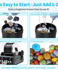 Pro Grade Brushless Rock Tumbler Polisher Kit With 2.5Lb Large Barrel, showing rock, grit addition, and polished gemstones