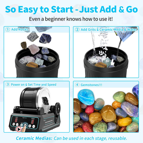Pro Grade Brushless Rock Tumbler Polisher Kit With 2.5Lb Large Barrel, showing rock, grit addition, and polished gemstones