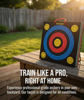 High Density XPE Foam Archery Target 20 Inch Square with scoring rings on a wooden bench in a backyard setting
