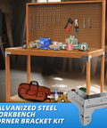 Heavy Duty Galvanized Steel 2x4 Workbench Bracket Kit For DIY Projects With Eight Corner Brackets And One Hundred Screws Built For Easy Install And A Custom Size Workbench Table That Fits One And A Half By Three And A Half Lumber in a garage setting, assembled with tools and accessories.