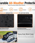 Durable waterproof winch cover with zipper made of thick vinyl; features heavy-duty outer and inner protection against elements.