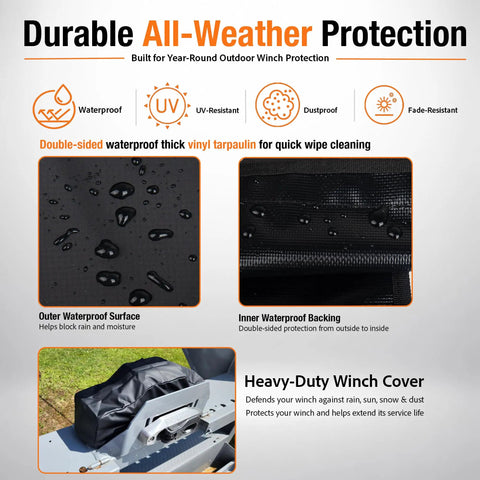 Durable waterproof winch cover with zipper made of thick vinyl; features heavy-duty outer and inner protection against elements.