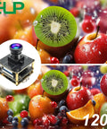 4K 60fps USB C HDMI Camera with wide angle lens over a vibrant fruit background, featuring a kiwi and other colorful fruits.