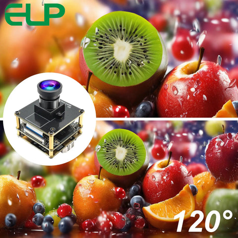 4K 60fps USB C HDMI Camera with wide angle lens over a vibrant fruit background, featuring a kiwi and other colorful fruits.