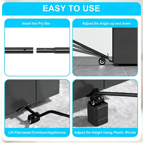 Demonstrating Heavy Furniture Lifter Tool With Four Raise Blocks And Sliders, 800 Lb Capacity, showing lifting and adjusting process.