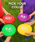 Kids holding 12 Pack Plastic Flying Discs for Outdoors and Beach Games, 9 Inch Discs in red, purple, green, and yellow for team play.