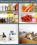 Clear Plastic Storage Bins Set, 12 Pack For Pantry, Kitchen, Office And Fridge Organization, BPA Free And Shatter Resistant, filled with various items