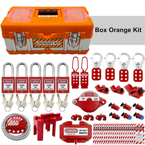 2 In 1 Lockout Tagout Kit For Electrical Safety includes various lockouts, hasps, tags, padlocks, and tools displayed with orange toolbox