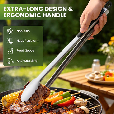 17 Inch Extra Long Stainless Steel Grill Tongs Heat Resistant Non Slip Grip Rock Solid Construction Keeps Your Hands Safe From Open Flames Heavy Duty Essential For Backyard Cookouts And Game Day Tailgating