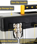 Close-up of Heavy Duty 16.5 Inch Tool Box With Lockable Design, showing stainless steel lock, top storage box, and non-slip handle.