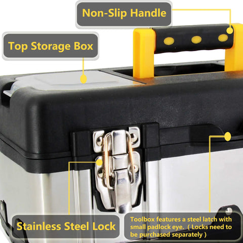 Close-up of Heavy Duty 16.5 Inch Tool Box With Lockable Design, showing stainless steel lock, top storage box, and non-slip handle.