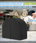 Built Tough All Weather Table Saw Cover for Diagonal and Miter Saws Heavy Duty 600D Waterproof UV Protective Shield Dustproof and Rainproof All Season Outdoor Use Black 89 by 69 by 116 cm in a garage with windproof drawstring close-up.