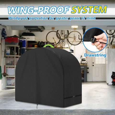 Built Tough All Weather Table Saw Cover for Diagonal and Miter Saws Heavy Duty 600D Waterproof UV Protective Shield Dustproof and Rainproof All Season Outdoor Use Black 89 by 69 by 116 cm in a garage with windproof drawstring close-up.