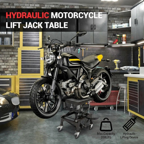 Foot Powered Hydraulic Motorcycle Lift Jack With 350 Lbs Capacity No Sweat Easy Lift Wide Deck And Locking Wheels for garage