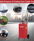 Bad Boy 35 Gallon Portable Gas Caddy With Rugged Wheels And Slick Manual Siphon Pump Plus Long Hose For Fast Diesel Or Gasoline Transfers On ATVs Tractors Mowers Boats With Zero Mess Or Sweat Guaranteed with flexible hose.