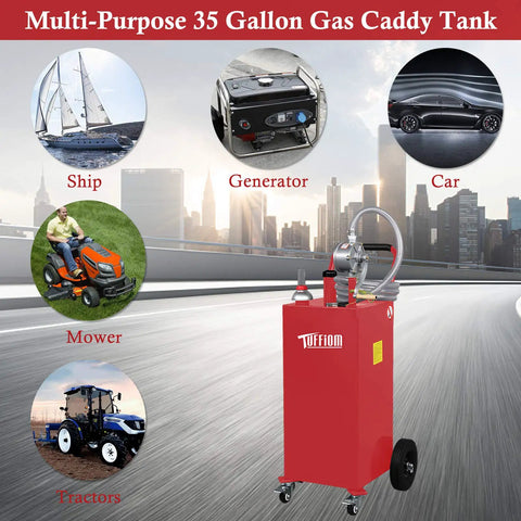 Bad Boy 35 Gallon Portable Gas Caddy With Rugged Wheels And Slick Manual Siphon Pump Plus Long Hose For Fast Diesel Or Gasoline Transfers On ATVs Tractors Mowers Boats With Zero Mess Or Sweat Guaranteed with flexible hose.