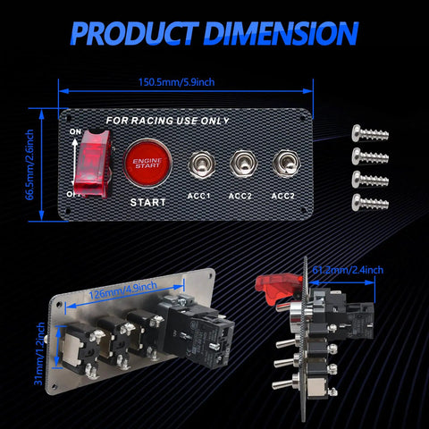 Dimensions of 12V Racing Car Ignition Switch Panel 5 In 1 With Engine Start Button, LED Toggle Switches, Carbon Fiber Look, Push Start Panel