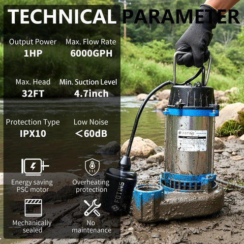 1HP 6000 GPH Submersible Sump Pump For Sewage And Effluent Built Tough In Cast Iron 115V Residential Septic Pump shown outdoors
