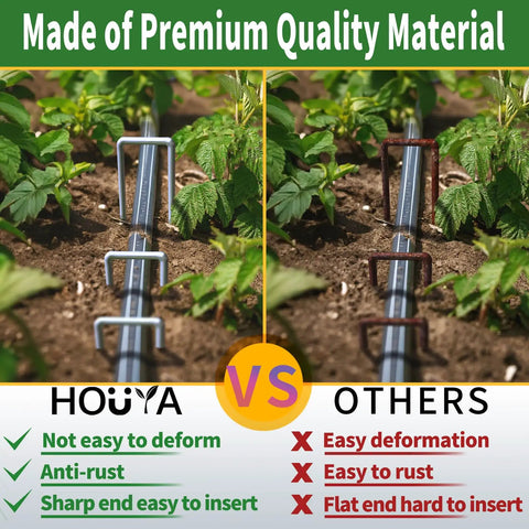 Comparison of 50 Pack 4 Inch Landscape Staples 12 Gauge Galvanized Heavy Duty Ground Stakes vs non-galvanized stakes with features listed.