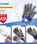 Cut Resistant Kitchen Gloves With Stainless Steel Mesh For Oyster Shucking And Meat And Fish Prep Lightweight Breathable Anti Cut Pro Grade Gear Food Grade Size Large 9 shown with cotton liner and adjustment steps