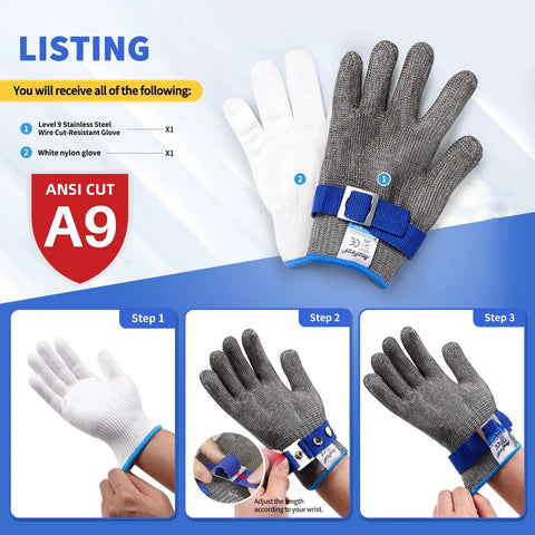 Cut Resistant Kitchen Gloves With Stainless Steel Mesh For Oyster Shucking And Meat And Fish Prep Lightweight Breathable Anti Cut Pro Grade Gear Food Grade Size Large 9 shown with cotton liner and adjustment steps