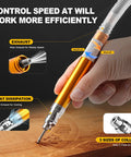 Rugged Micro Pneumatic Air Pencil Die Grinder Featuring Smooth Thumb Throttle 1/8 Inch Collet And Featherweight Grip for precision work.