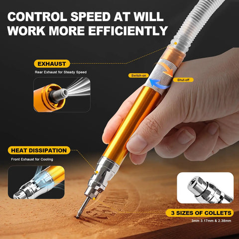 Rugged Micro Pneumatic Air Pencil Die Grinder Featuring Smooth Thumb Throttle 1/8 Inch Collet And Featherweight Grip for precision work.