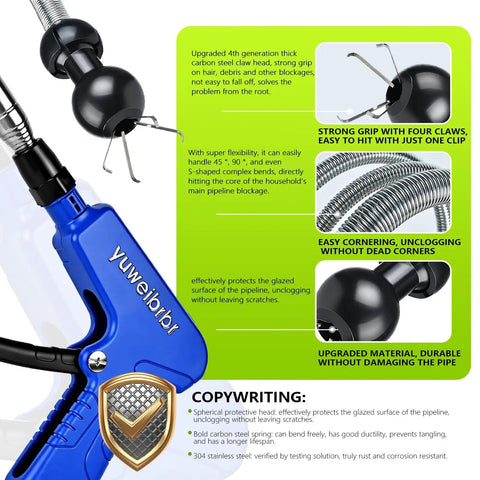 Toilet Auger Drain Cleaner With Flexible Gripper for Snagging Lost Items and Clearing Minor Clogs, blue handle, close-up view
