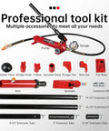 Components of 4 Ton Porta Power Hydraulic Jack Auto Body Frame Repair Kit 18 Piece Set With Blow Mold Carrying Case And Gauge