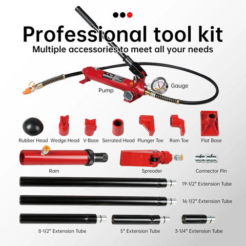 Components of 4 Ton Porta Power Hydraulic Jack Auto Body Frame Repair Kit 18 Piece Set With Blow Mold Carrying Case And Gauge