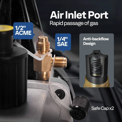 Air inlet port and fittings of the Knockout Performance One Third Hp Five Cfm Ac Vacuum Pump and Four Way Manifold Gauge Set.