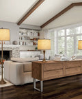 Living room with Two Pack Drum Lamp Shades Natural Beige Linen, Medium Size 11.6 In Top, 12.6 In Bottom, 9.8 In High on lamps