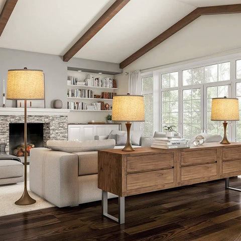 Living room with Two Pack Drum Lamp Shades Natural Beige Linen, Medium Size 11.6 In Top, 12.6 In Bottom, 9.8 In High on lamps