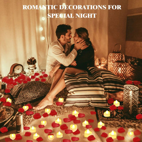 Romantic Decor Bundle With 3000 Artificial Rose Petals And 48 Heart Flameless LED Tea Lights Battery Operated Candles creating cozy ambiance