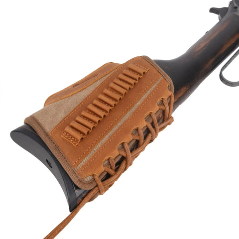 Rugged Leather And Canvas Gun Buttstock Cheek Rest Riser With Shell Holder For Scoped Rifle brown color, cheek pad, ammo holder
