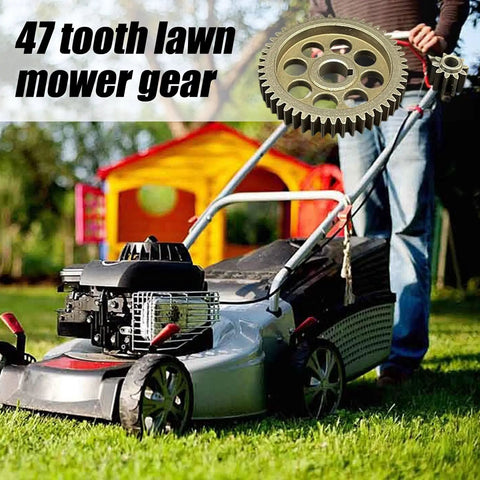 Lawn mower with 47-tooth gear, showcasing power transmission component.