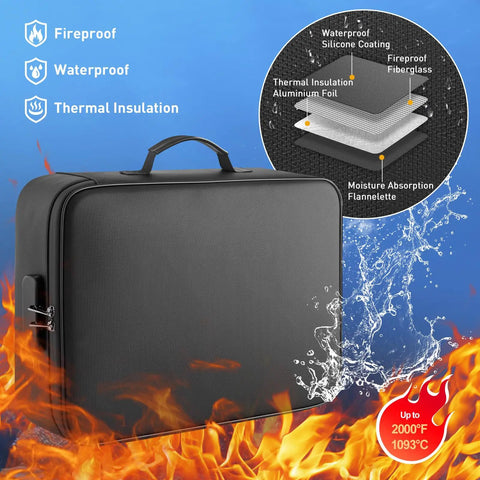 Fireproof Waterproof Document Bag With Lock Portable Organizer For Your Important Files Passport Certificates And Cards Travel Case With Zipper For Laptop, black bag with fire and water protection features.